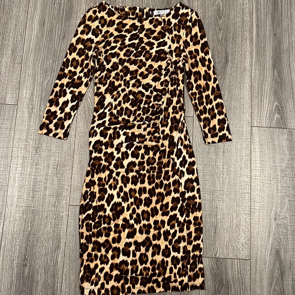 Jennifer Lopez Bodycon 3/4 sleeve Midi Leopard Dress XS Stretch